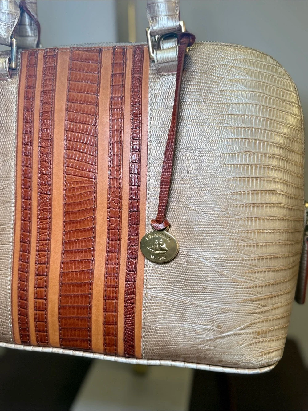 Brahmin Vivian Beige and Brown Textured Satchel